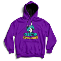 Purple pullover hoodie with drawstring hood and 'GAMING LEGEND' front graphic.