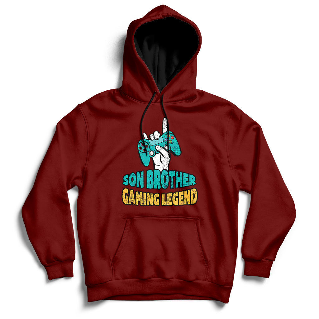Maroon pullover hoodie with drawstring hood and 'GAMING LEGEND' front graphic.