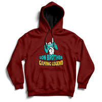 Maroon pullover hoodie with drawstring hood and 'GAMING LEGEND' front graphic.