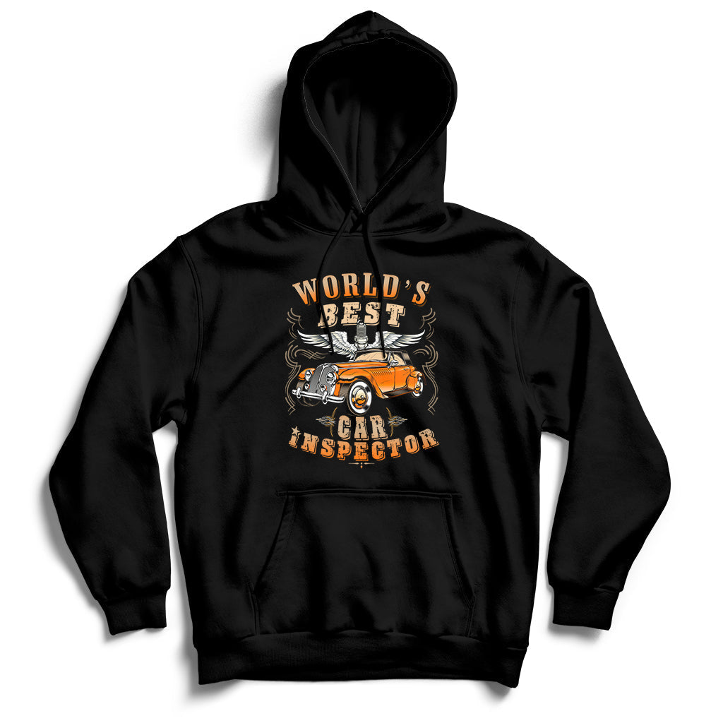 Black car inspector hoodie with front kangaroo pocket and chest graphic