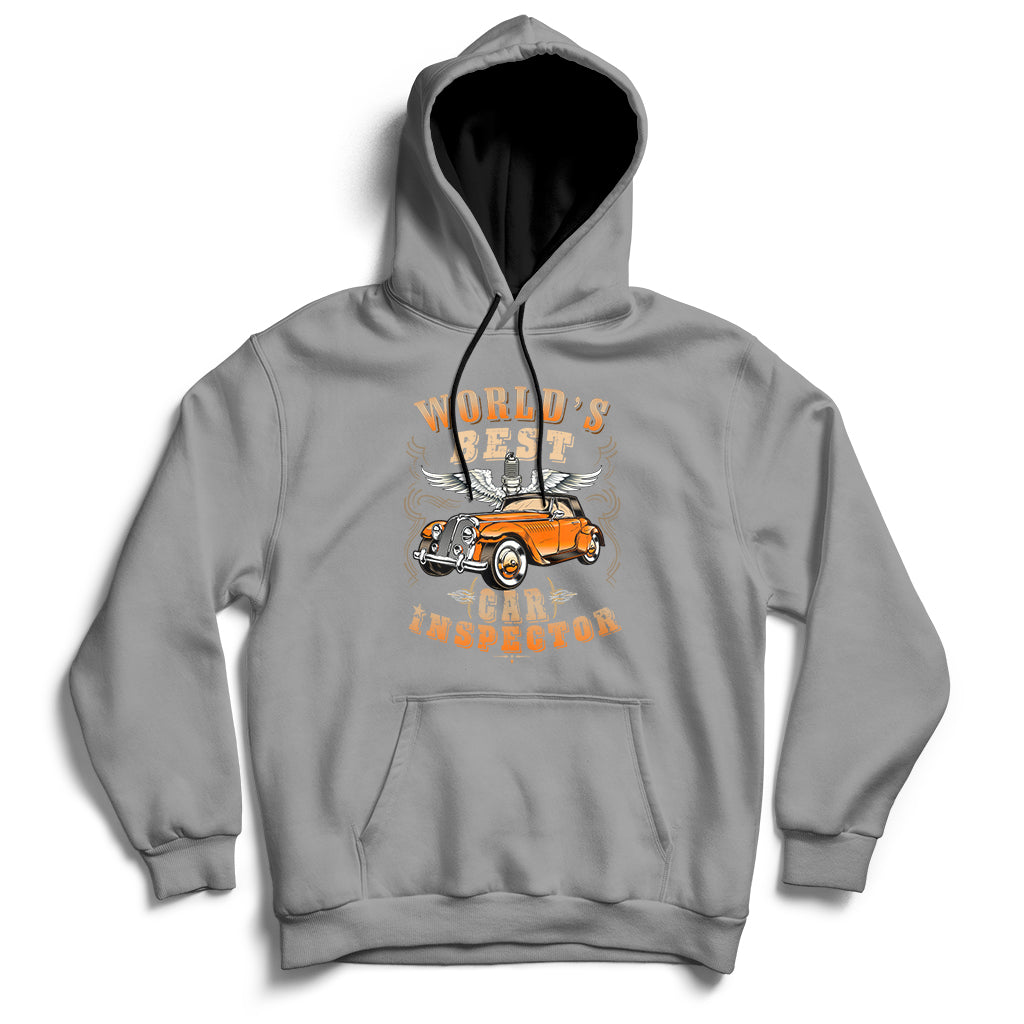 Gray car inspector hoodie with kangaroo pocket and hooded neckline chest graphic