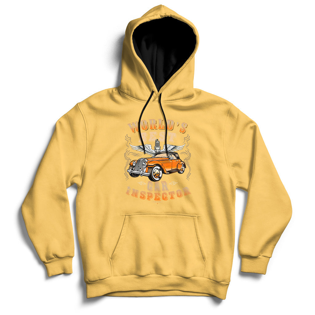 Yellow car inspector hoodie with kangaroo pocket and chest graphic