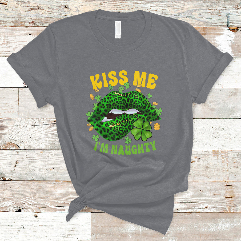 Kiss Me I'm Naughty Irish St. Patricks Shamrock Leopard Lips T-Shirt - Wonder Print Shop