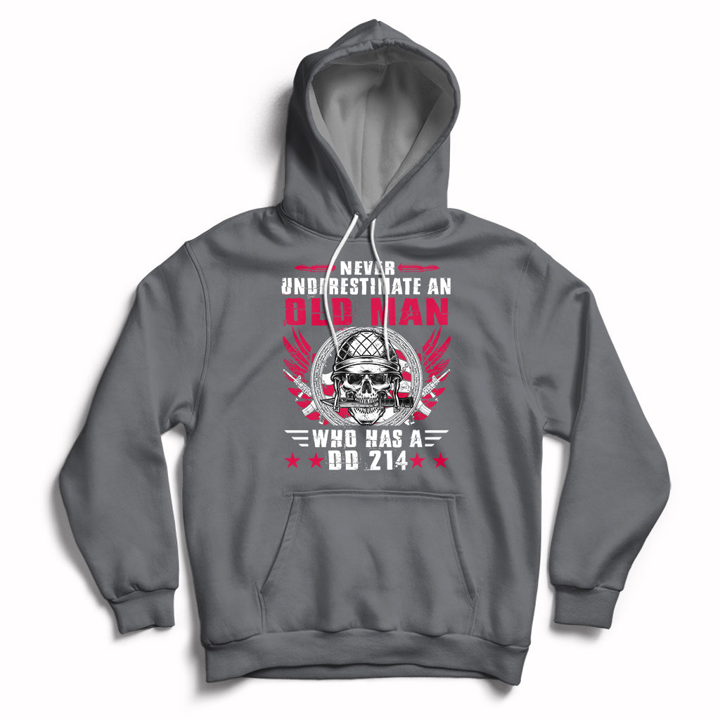 Charcoal pullover hoodie with front skull soldier graphic and kangaroo pocket