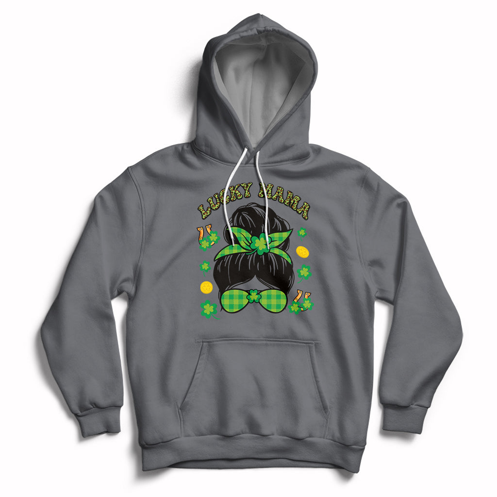 Dark heather hoodie with Lucky Mama shamrock graphic, hood drawstrings, front pocket