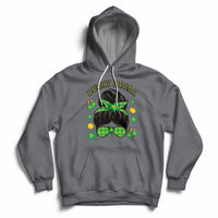 Dark heather hoodie with Lucky Mama shamrock graphic, hood drawstrings, front pocket