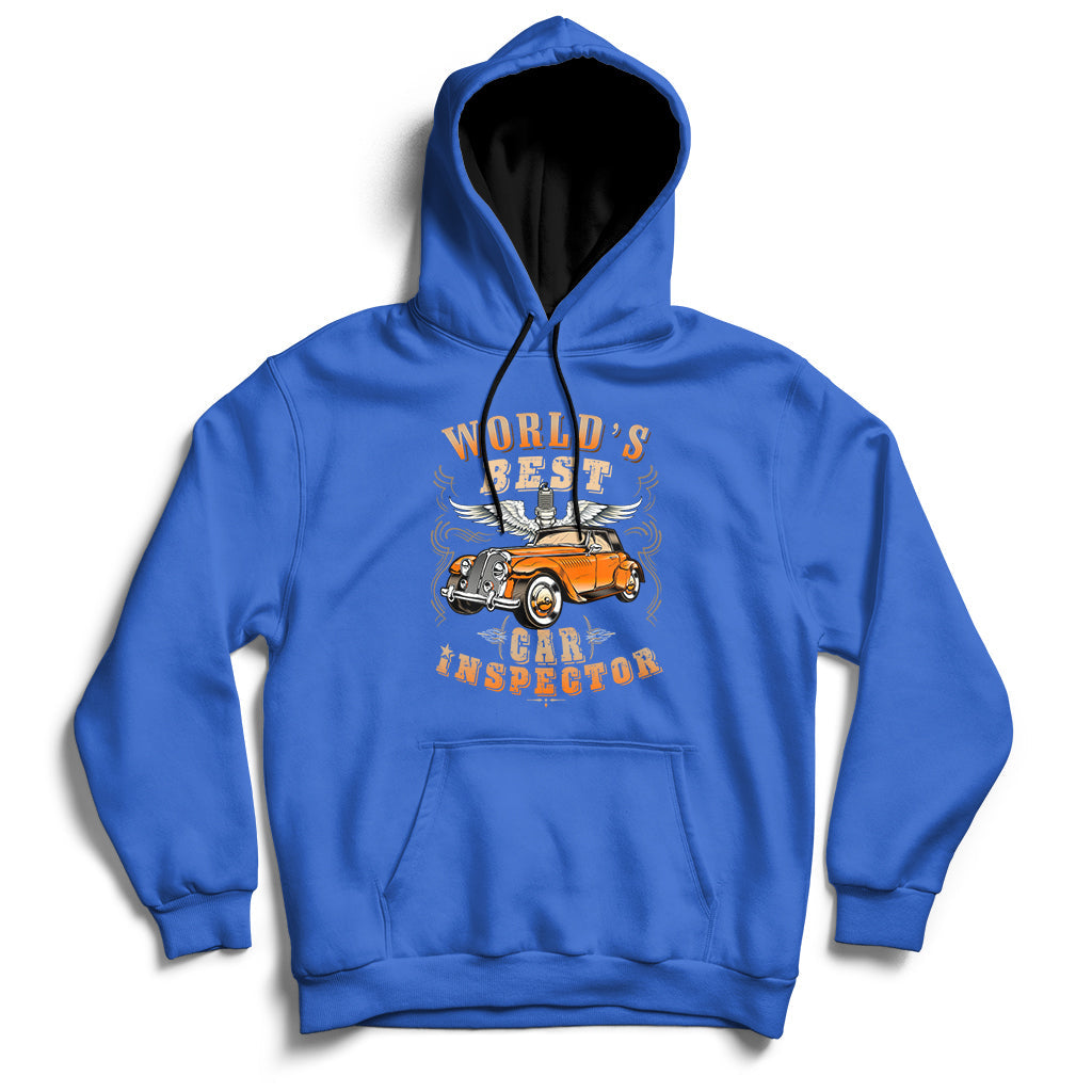 Royal blue car inspector hoodie with kangaroo pocket and front chest graphic