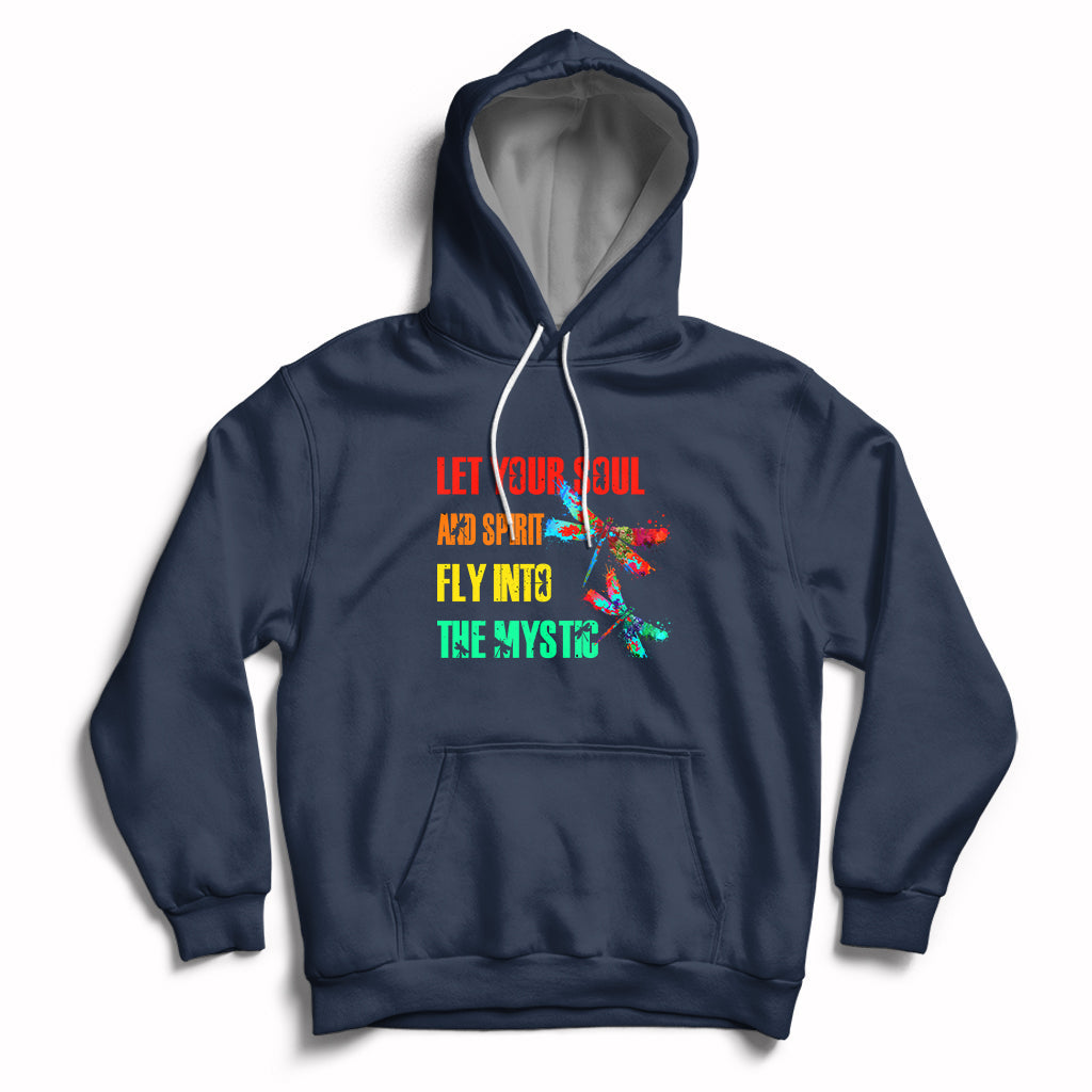 Mystic dragonflies hoodie in navy with colorful text graphic and front pouch