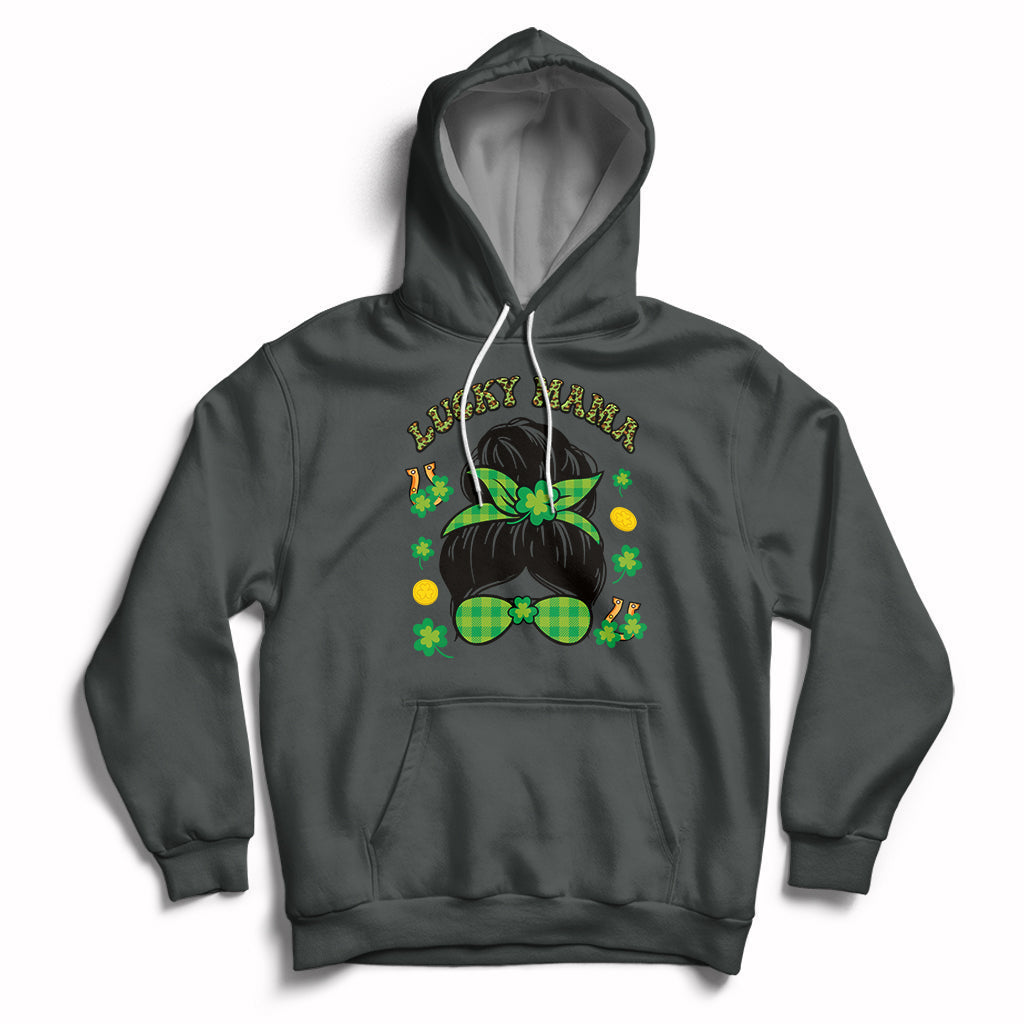Charcoal heather hoodie with Lucky Mama shamrock graphic, hood drawstrings, pocket