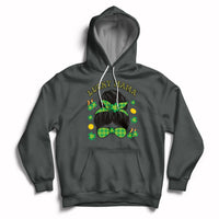 Charcoal heather hoodie with Lucky Mama shamrock graphic, hood drawstrings, pocket