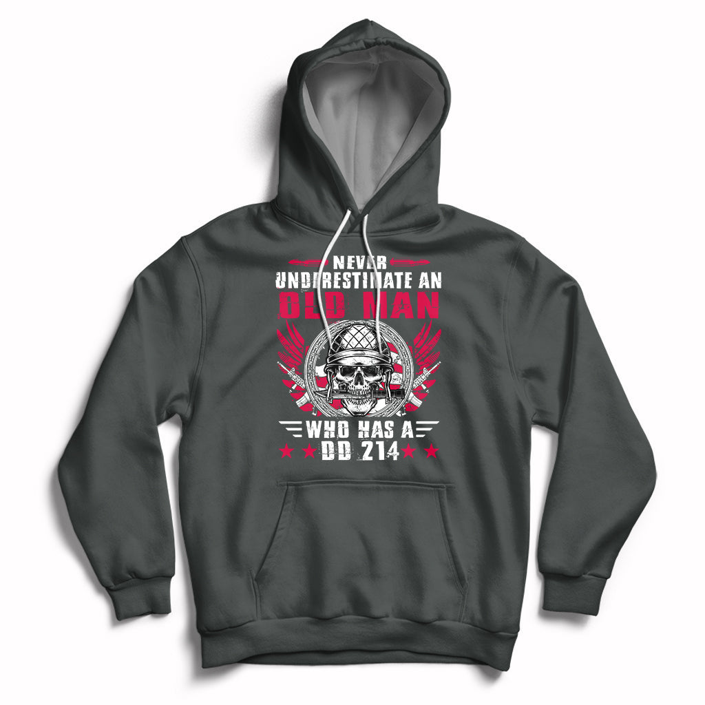 Dark heather pullover hoodie with front skull soldier graphic and kangaroo pocket