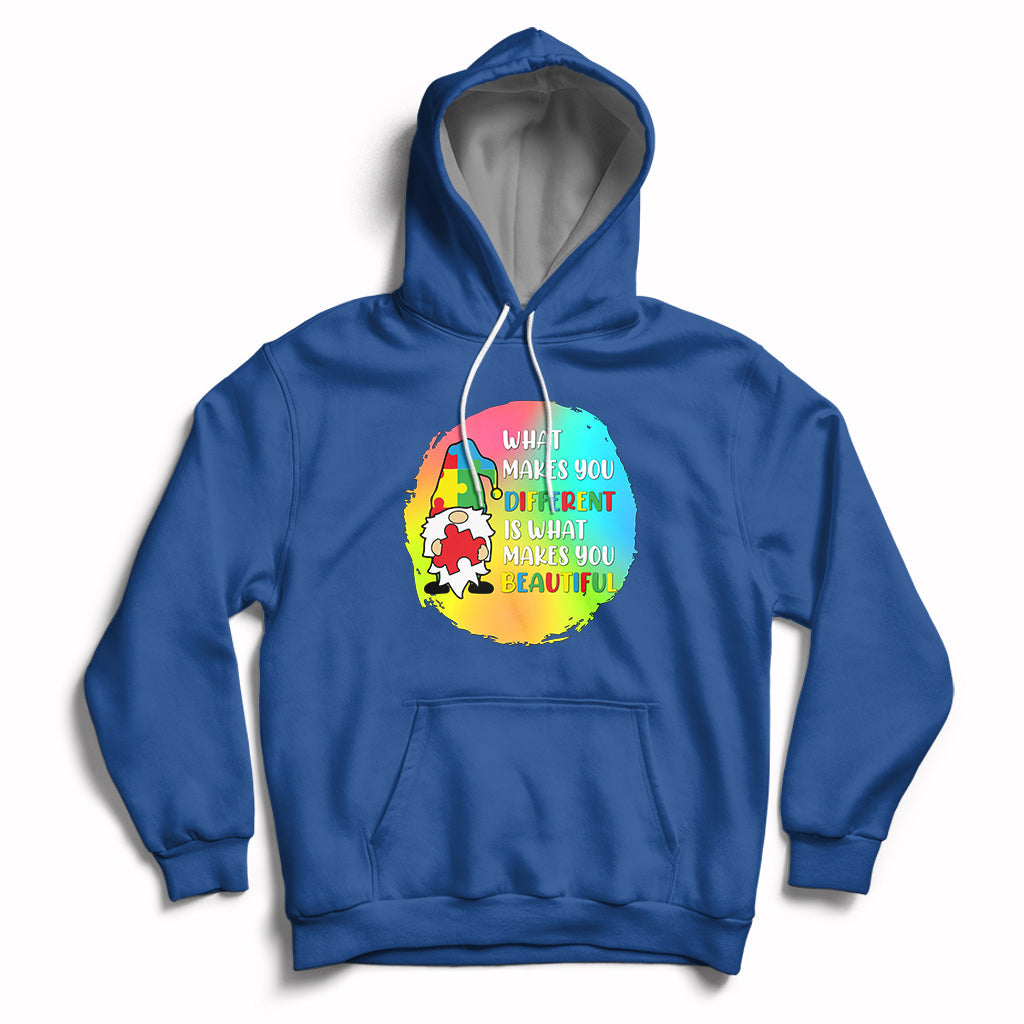 Royal blue autism support hoodie with gnome graphic and front kangaroo pocket