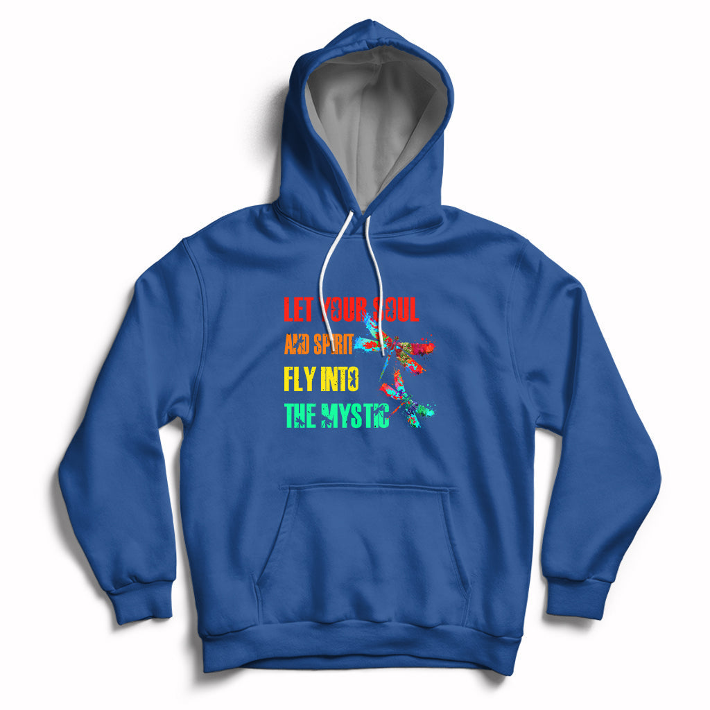 Mystic dragonflies hoodie in royal blue with colorful text graphic and front pouch