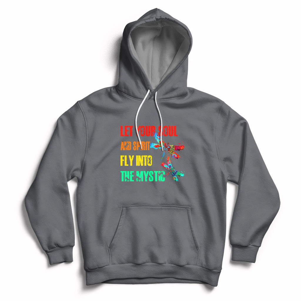Mystic dragonflies hoodie in charcoal gray with colorful text graphic and front pouch