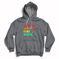 Mystic dragonflies hoodie in charcoal gray with colorful text graphic and front pouch