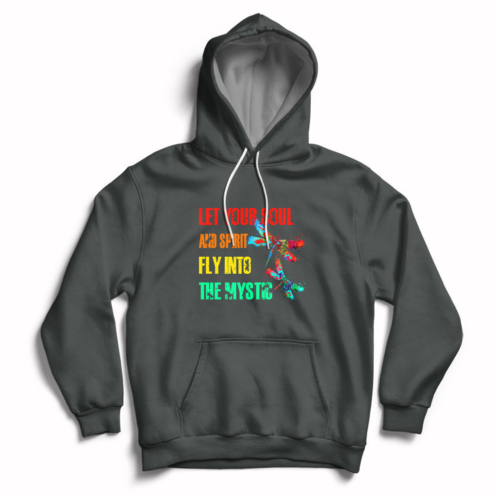 Mystic dragonflies hoodie in dark gray with colorful text graphic and front pouch
