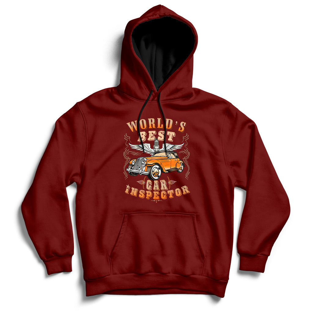 Maroon car inspector hoodie with kangaroo pocket and chest graphic