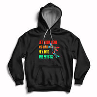 Mystic dragonflies hoodie in black with colorful text graphic and front pouch