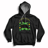 Black hoodie with Lucky Mama graphic, shamrocks, hood drawstrings, front pocket