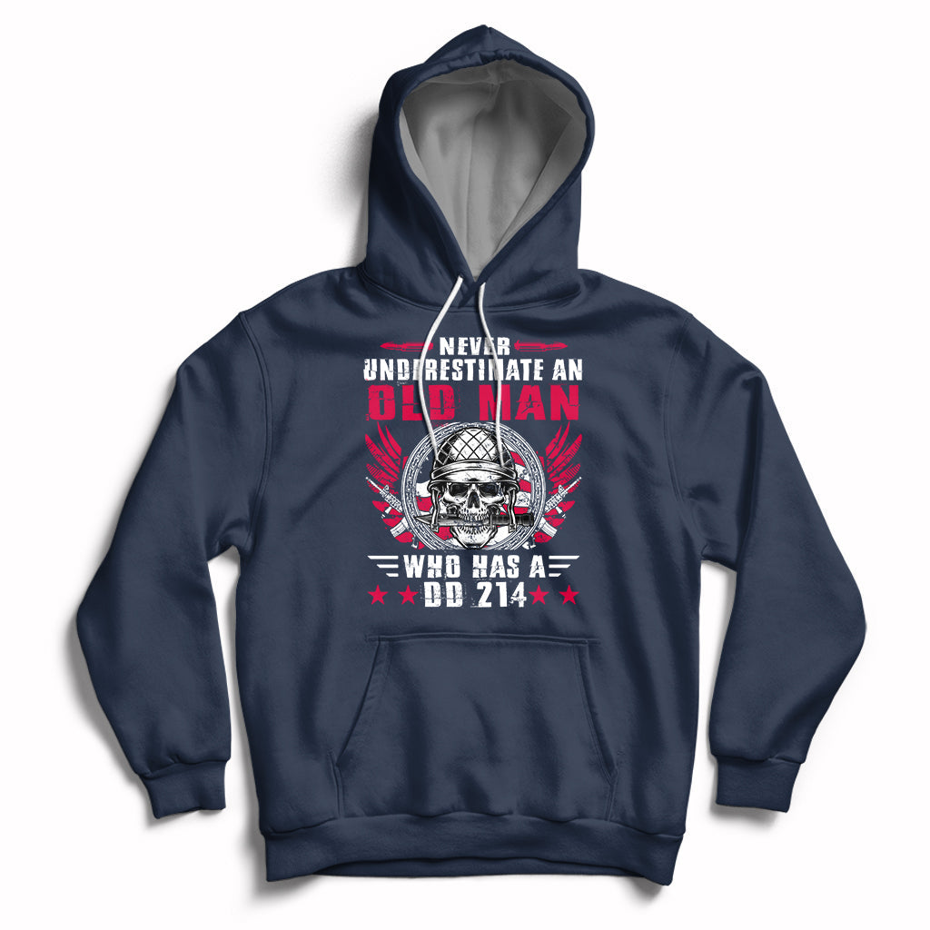 Navy pullover hoodie with front skull soldier graphic and kangaroo pocket