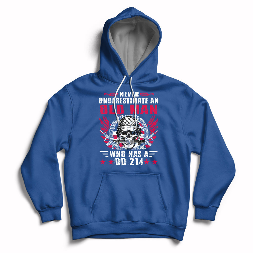 Royal blue pullover hoodie with front skull soldier graphic and kangaroo pocket