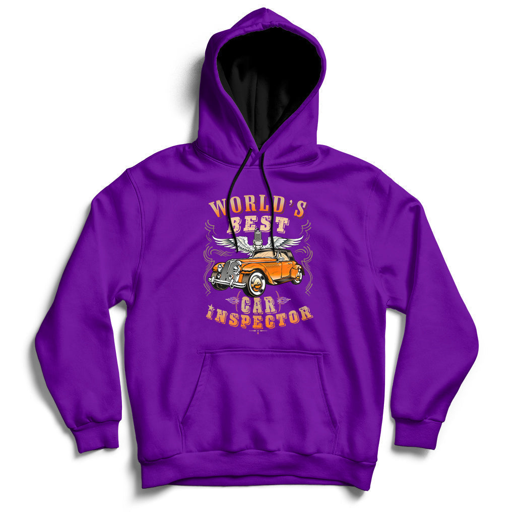 Purple car inspector hoodie with kangaroo pocket and chest graphic