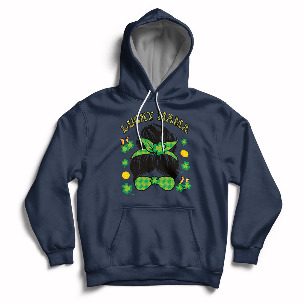 Navy hoodie with Lucky Mama shamrock graphic, hood drawstrings, front pocket