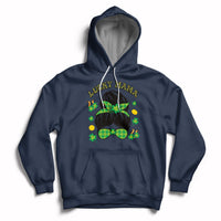 Navy hoodie with Lucky Mama shamrock graphic, hood drawstrings, front pocket