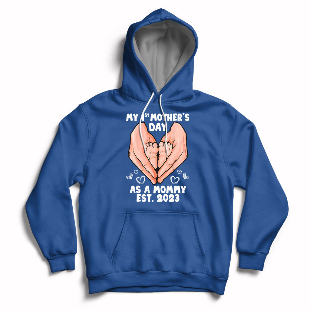 Royal blue maternity Mother's Day hoodie with back hands graphic and 'Est. 2023' text