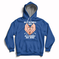 Royal blue maternity Mother's Day hoodie with back hands graphic and 'Est. 2023' text