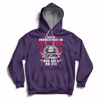 Purple pullover hoodie with front skull soldier graphic and kangaroo pocket