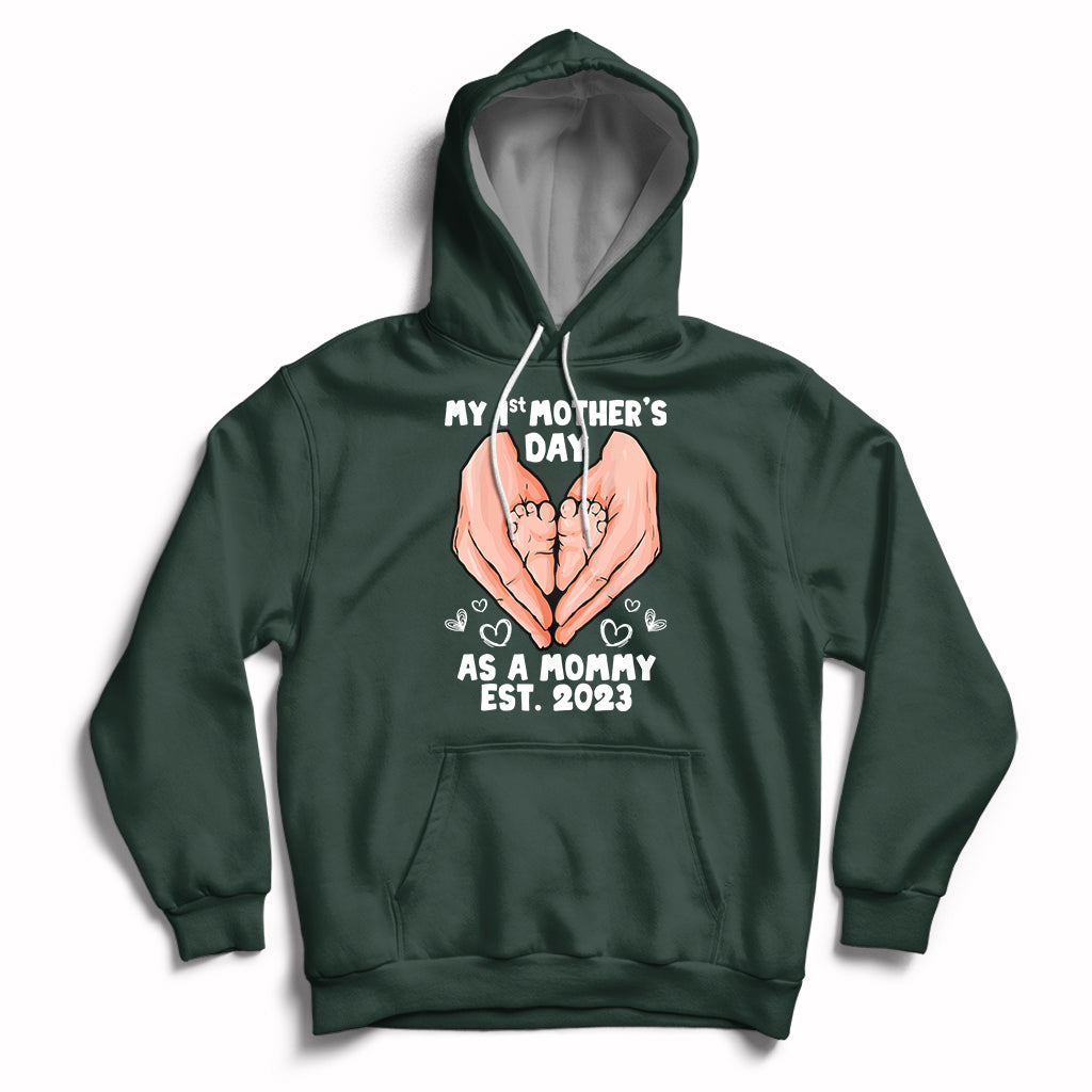Forest green maternity Mother's Day hoodie with back hands graphic and 'Est. 2023' text