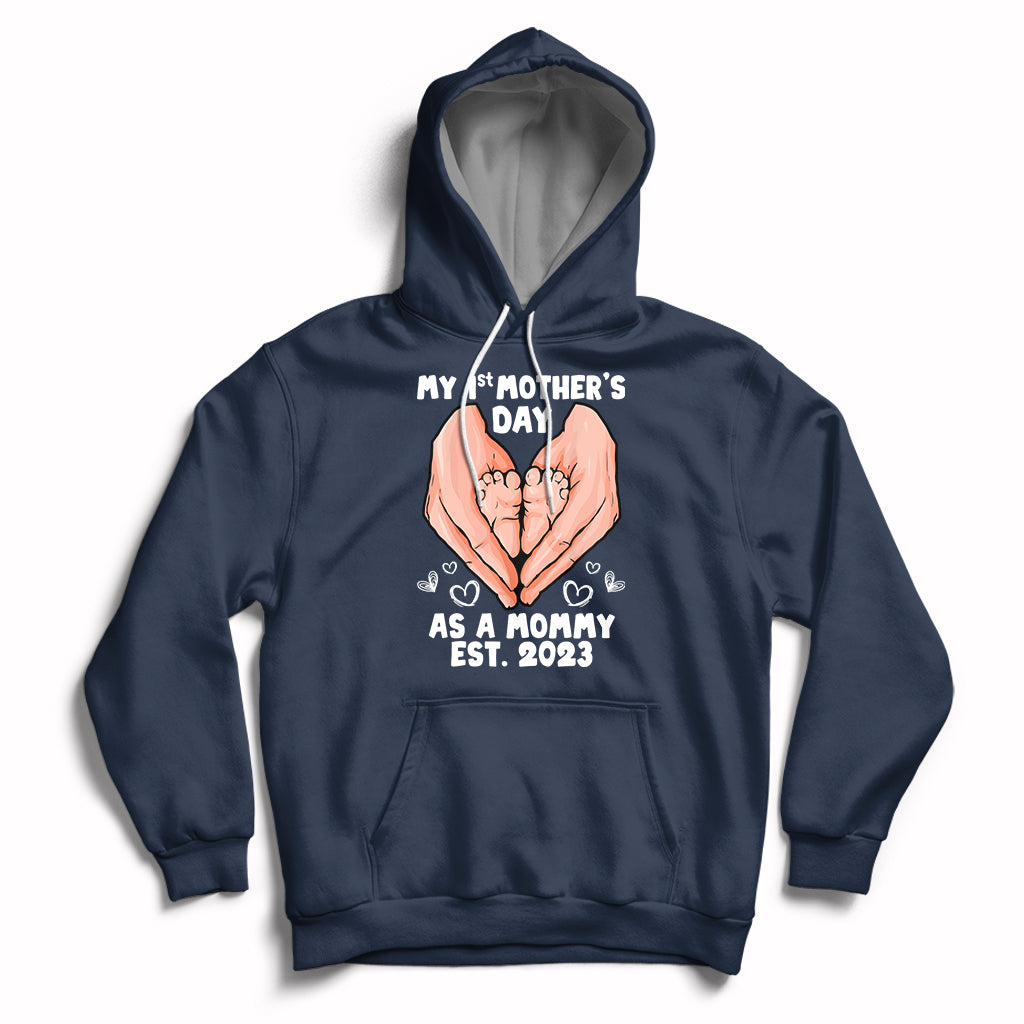 Navy maternity Mother's Day hoodie with back hands graphic and 'Est. 2023' text