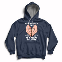 Navy maternity Mother's Day hoodie with back hands graphic and 'Est. 2023' text