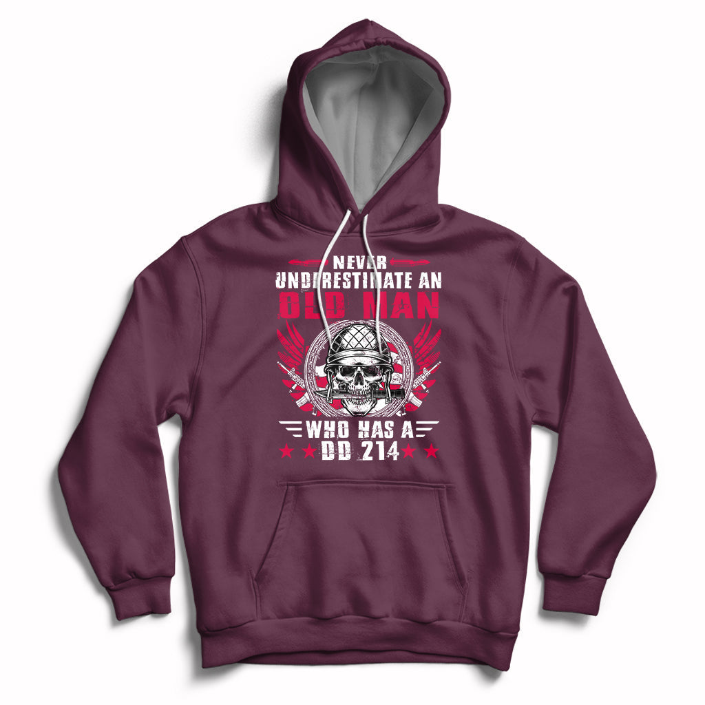 Maroon pullover hoodie with front skull soldier graphic and kangaroo pocket