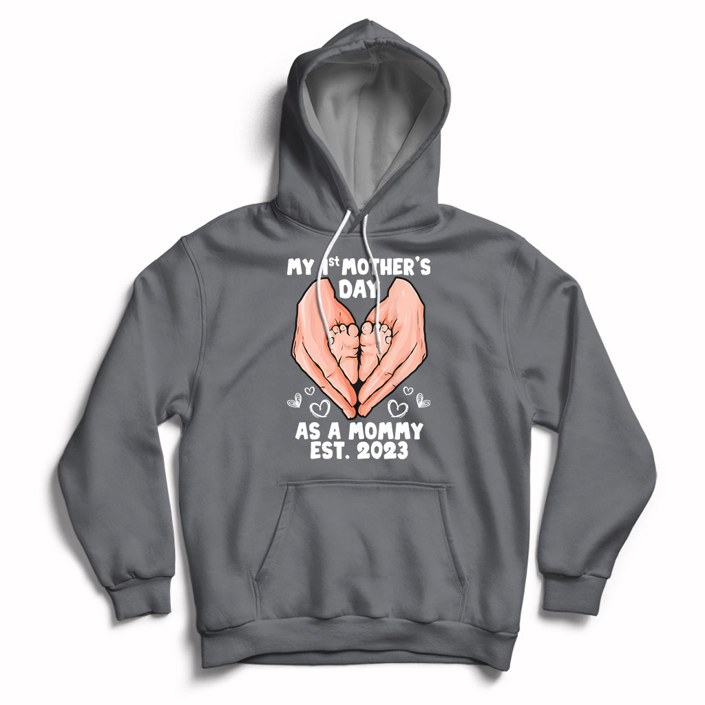 Charcoal gray maternity Mother's Day hoodie with back hands graphic and 'Est. 2023' text