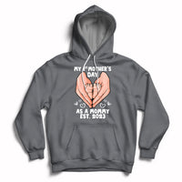 Charcoal gray maternity Mother's Day hoodie with back hands graphic and 'Est. 2023' text