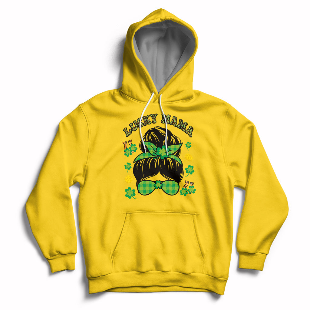 Daisy yellow hoodie with Lucky Mama shamrock graphic, hood drawstrings, front pocket