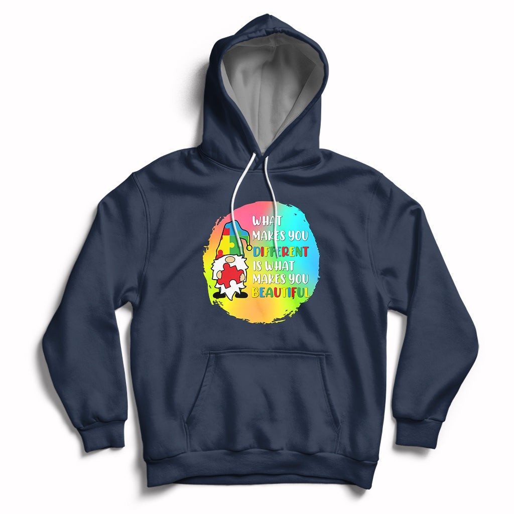 Navy autism support hoodie with gnome graphic and front kangaroo pocket