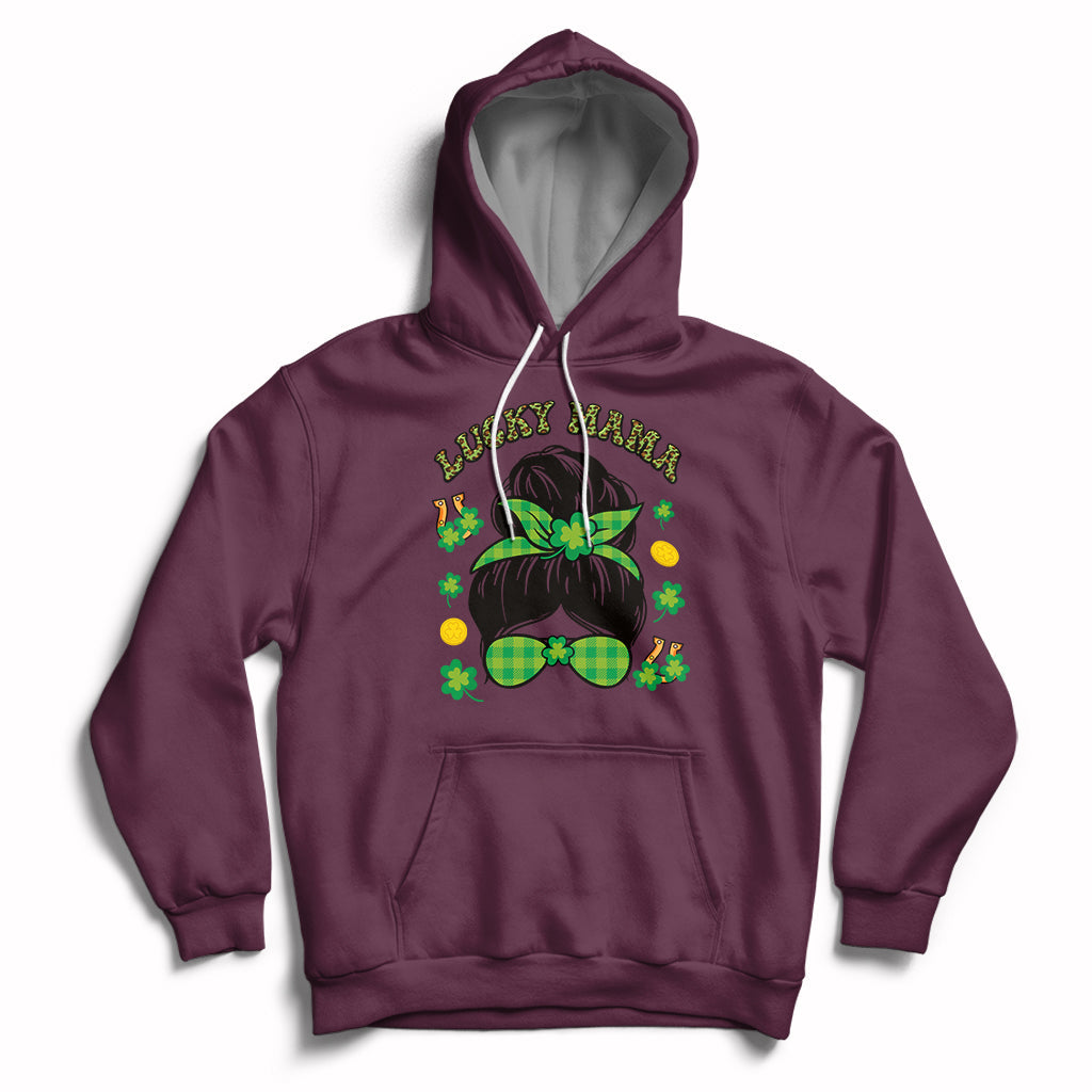 Maroon hoodie with Lucky Mama shamrock graphic, hood drawstrings, front pocket