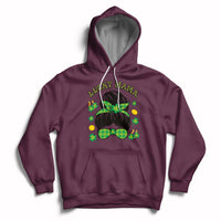 Maroon hoodie with Lucky Mama shamrock graphic, hood drawstrings, front pocket