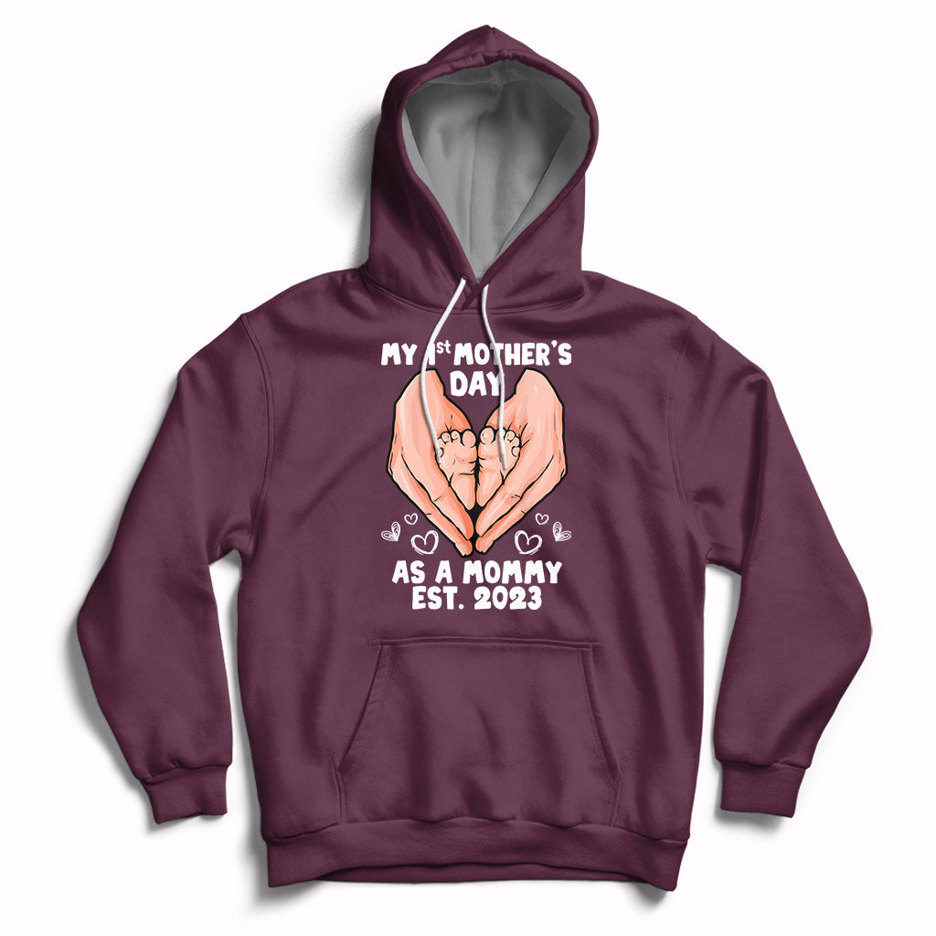 Maroon maternity Mother's Day hoodie with back hands graphic and 'Est. 2023' text