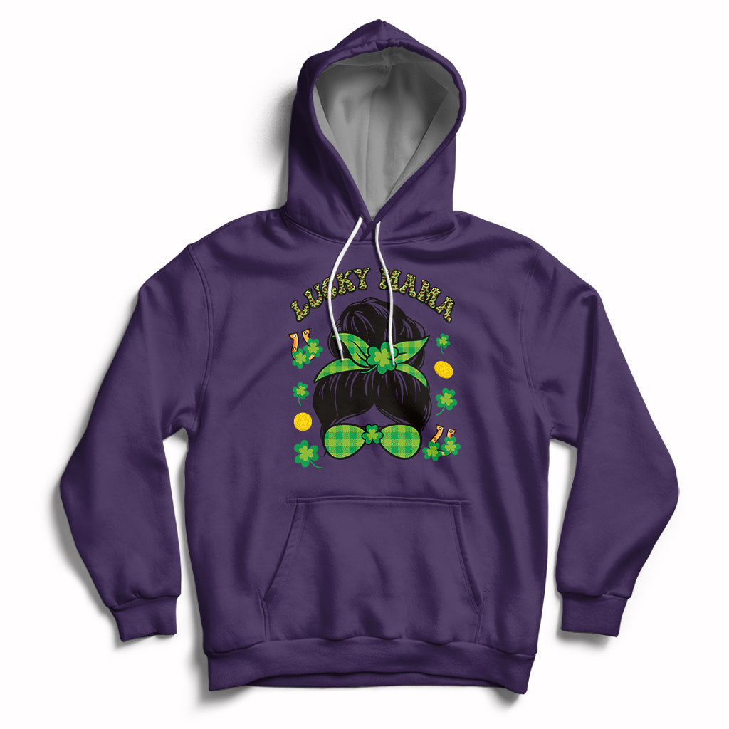 Purple hoodie with Lucky Mama shamrock graphic, hood drawstrings, front pocket