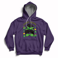 Purple hoodie with Lucky Mama shamrock graphic, hood drawstrings, front pocket