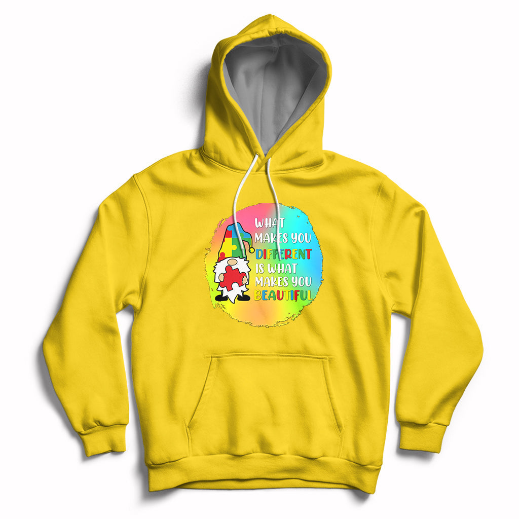 Daisy yellow autism support hoodie with gnome graphic and front kangaroo pocket