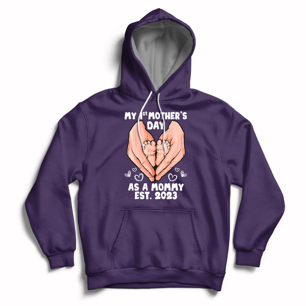 Purple maternity Mother's Day hoodie with back hands graphic and 'Est. 2023' text