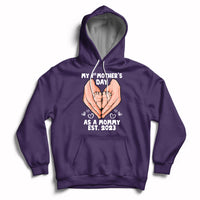 Purple maternity Mother's Day hoodie with back hands graphic and 'Est. 2023' text