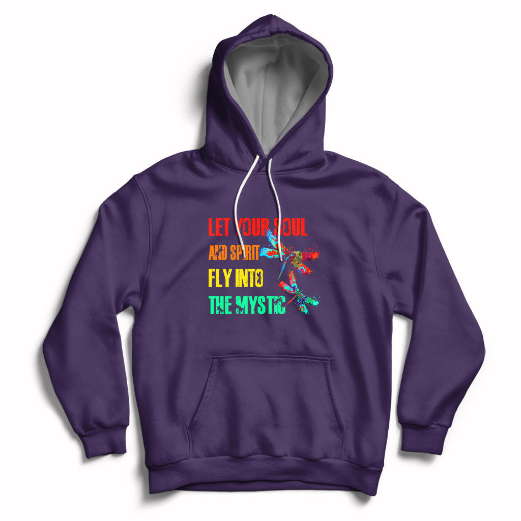 Mystic dragonflies hoodie in purple with colorful text graphic and front pouch