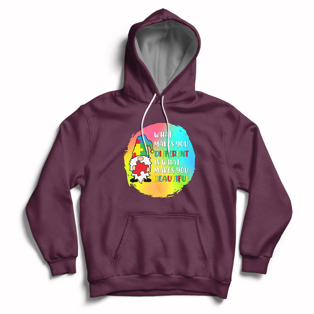 Maroon autism support hoodie with gnome graphic and front kangaroo pocket