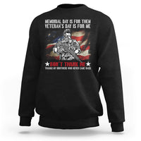 Black crewneck sweatshirt with patriotic veteran graphic and “Don’t Thank Me” text
